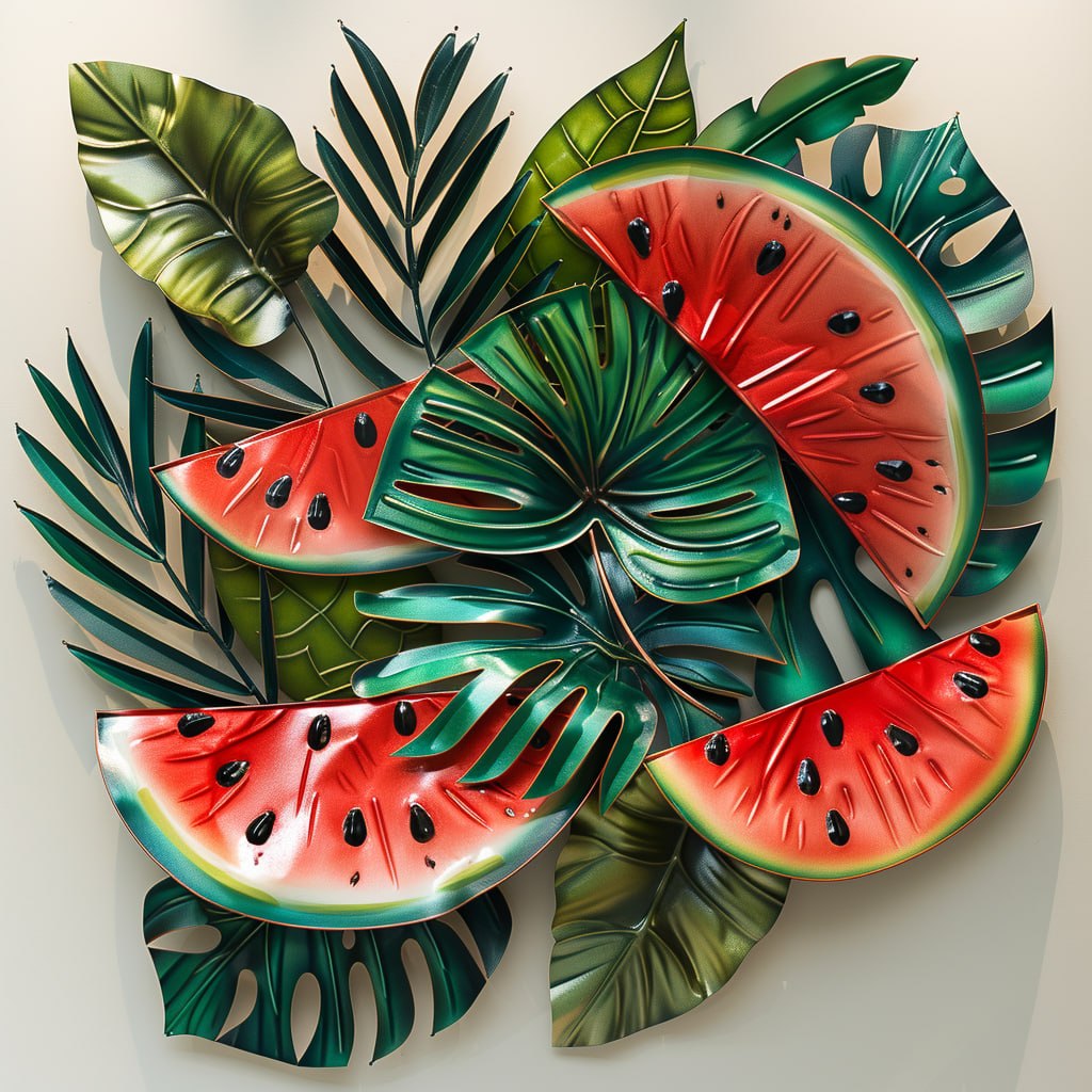 Tropical watermelon metal wall art with lush botanical leaves for summer kitchen decor 1