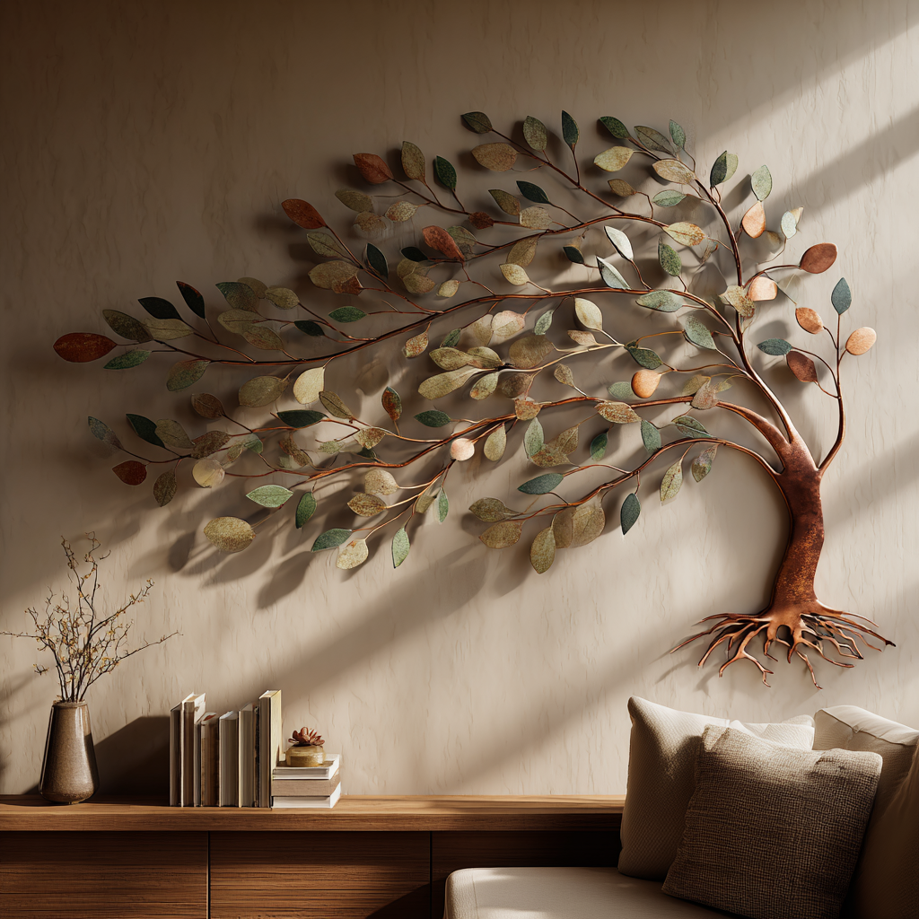 Tree of life metal wall art with flowing branches and botanical leaves 1