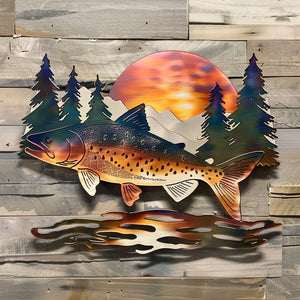 Brown trout fish metal wall art with leaping trout wild salmon mountain sunset rustic cabin pine trees wilderness lodge aluminum wall decor 1