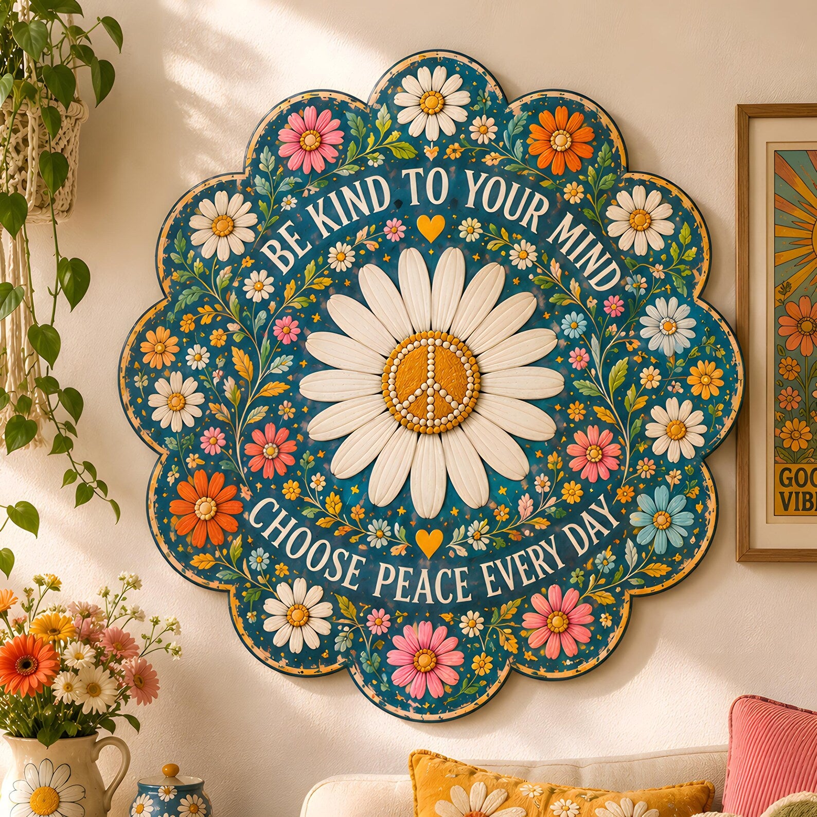 Be Kind Daisy Peace UV printed aluminum metal wall art for inspirational floral living room bedroom and patio decor 2