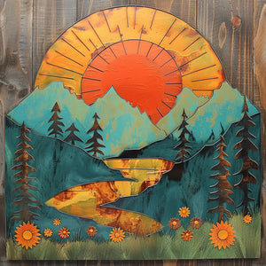 Mountain sunset lake metal wall art rustic landscape decor 1