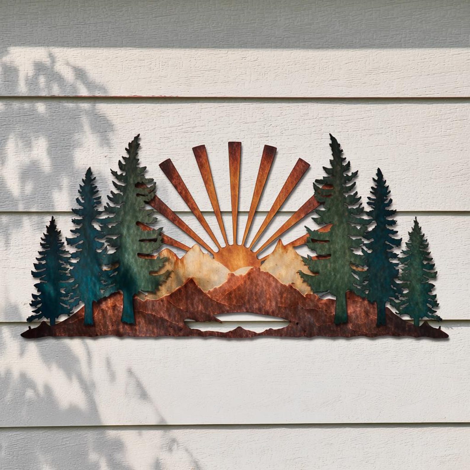 Mountain Forest Sunrise UV printed aluminum metal wall art for rustic cabin patio and living room decor 1