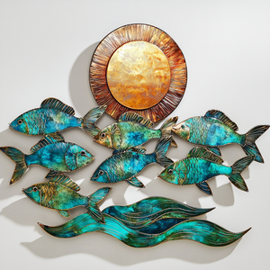 Turquoise fish metal wall art with ocean waves and sunset coastal aluminum wall decor 1