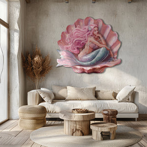 Mermaid Seashell UV printed aluminum metal wall art for ocean bedroom nursery and coastal decor 1