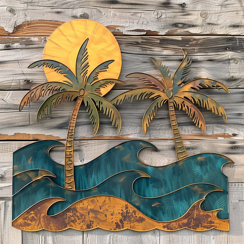 Rustic palm trees ocean waves metal wall art with vintage golden sand shore rolling teal waves and yellow sun coastal beach aluminum wall decor 1