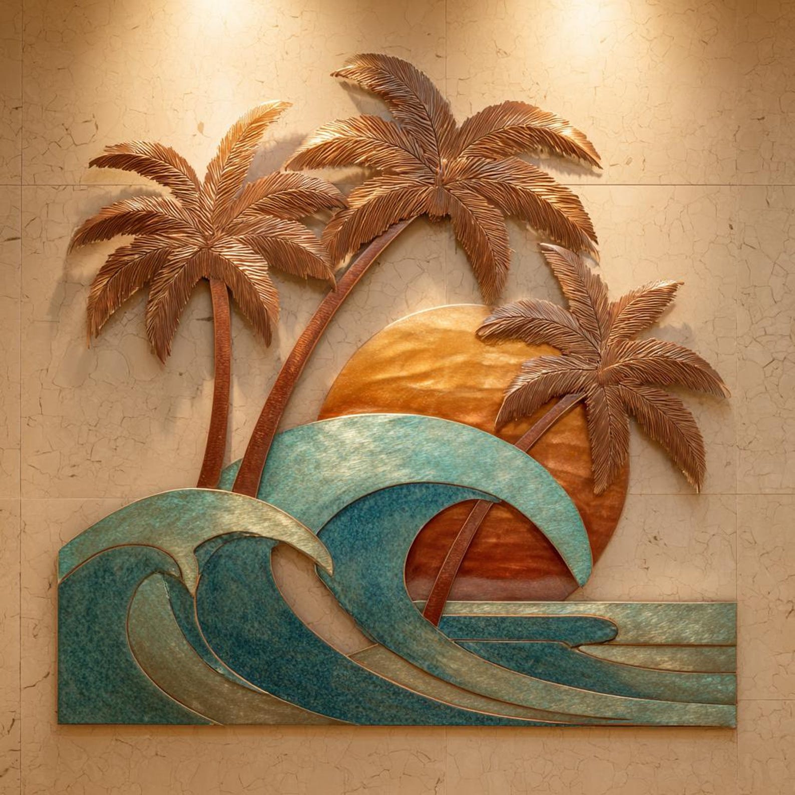 Tropical sunset wave metal wall art with palm trees and coastal ocean design mounted on textured wall 1