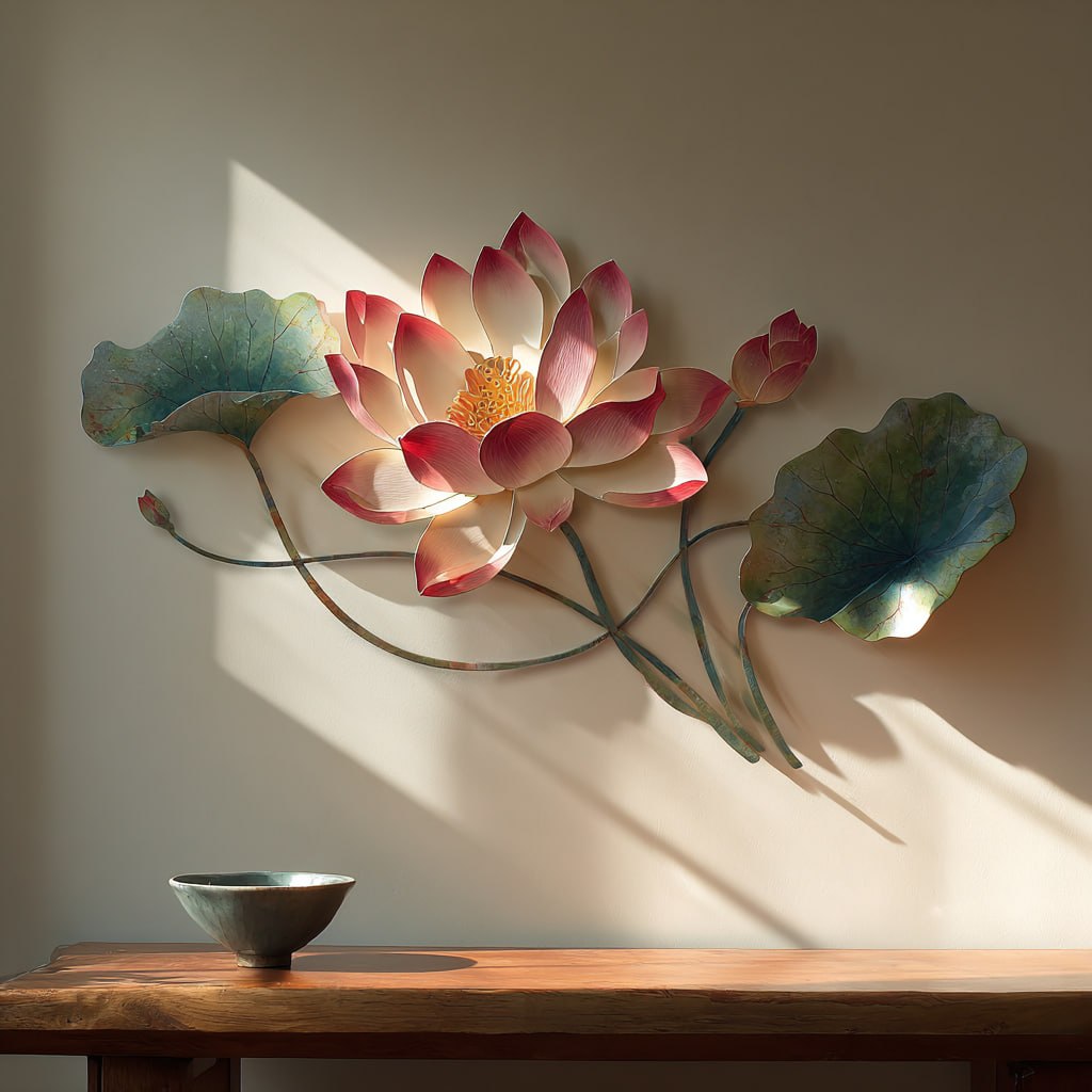 Botanical lotus metal wall art with faux 3D artwork for minimalist decor 1