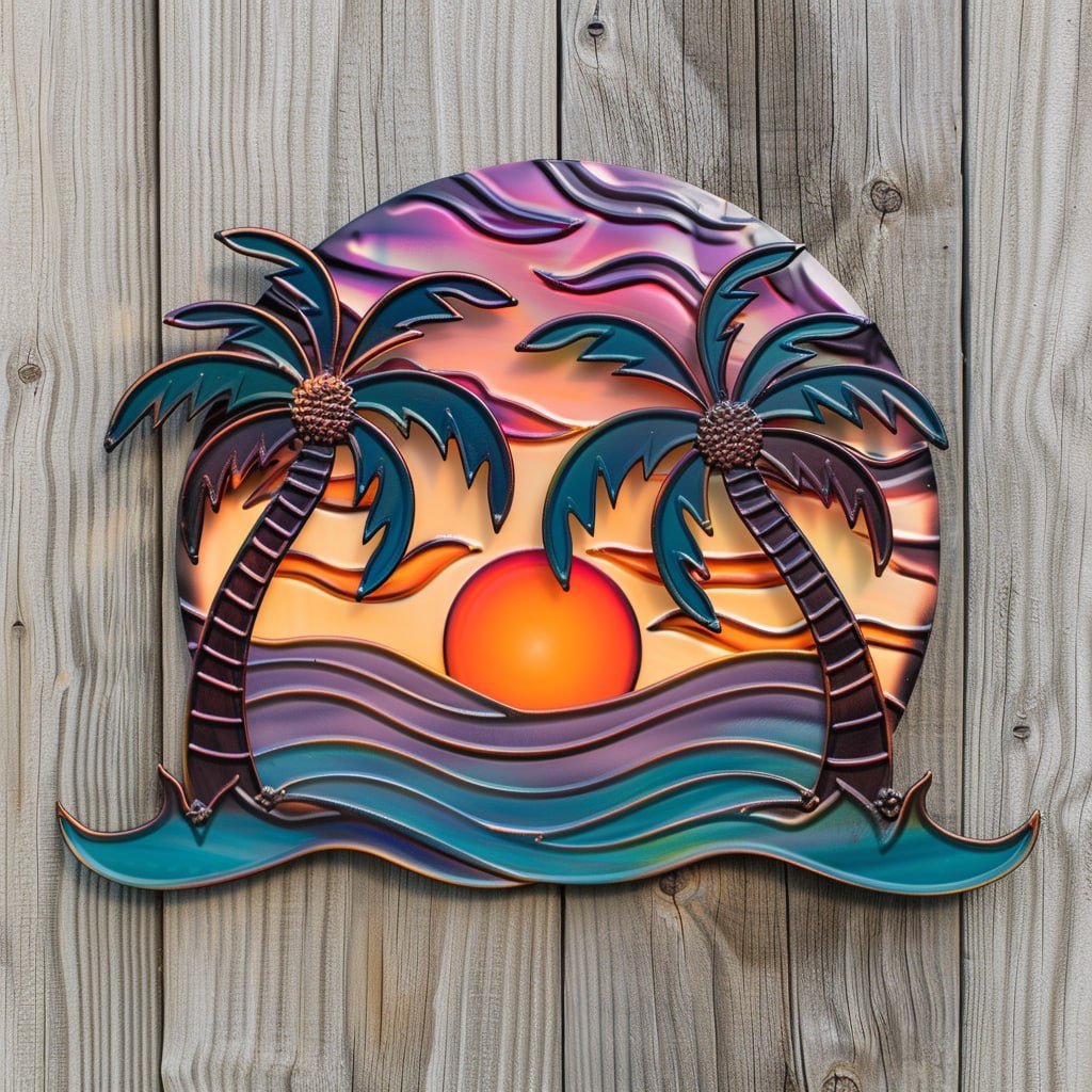 Tropical palm sunset metal wall art coastal beach decor 1