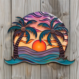 Tropical palm sunset metal wall art coastal beach decor 1