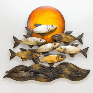 Golden sunset fish metal wall art with ocean waves coastal aluminum wall decor 1
