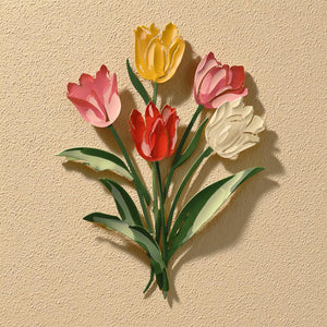 Pastel tulip bouquet metal wall art with colorful floral botanical design mounted on textured wall 1