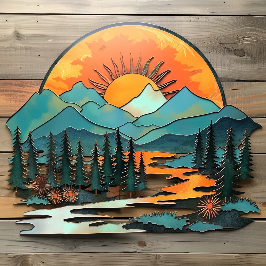 Mountain River Sunset Metal Wall Art – Rustic Nature Wall Decor for Cabin Living Room & Lodge Home Decor