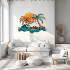 Ocean wave palm trees metal wall art with crashing wave copper sunset sun beach surf house aluminum wall decor 2