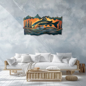 Trout fish metal wall art with jumping trout fish mountain peaks pine trees rustic cabin aluminum wall decor 2