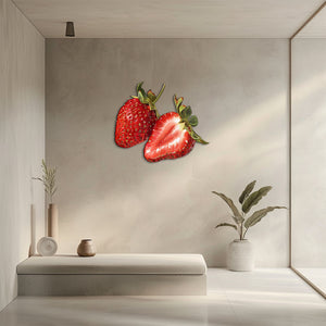 Strawberry metal wall art with vibrant red fruit and botanical detailing for farmhouse kitchen decor 2