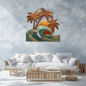 Tropical sunset wave metal wall art with palm trees and coastal ocean design mounted on textured wall 2