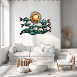 Ocean fish metal wall art with turquoise fish ocean waves and golden sun coastal beach aluminum wall decor 2