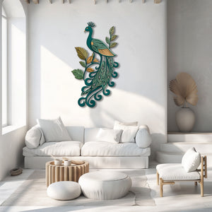 Teal Peacock UV printed aluminum metal wall art for botanical patio garden and living room decor 2