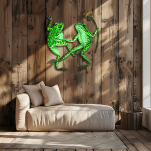 Green frog couple metal wall art with flower whimsical garden aluminum wall decor 2