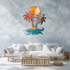 Tropical island palm trees metal wall art with coral sunset sky curling ocean waves and sunset beach aluminum wall decor 2