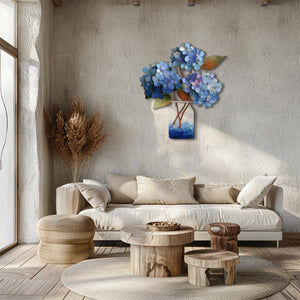 Blue hydrangea metal wall art with floral bouquet and rustic vase styling 2