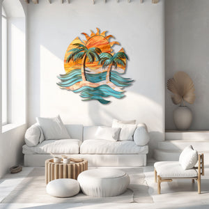 Tropical palm sunset metal wall art coastal beach decor 2
