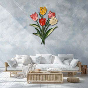 Pastel tulip bouquet metal wall art with colorful floral botanical design mounted on textured wall 2