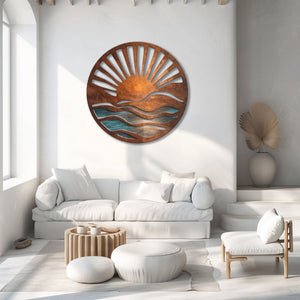 Rustic Ocean Sunrise UV printed aluminum metal wall art for coastal beach house living room and patio decor 3