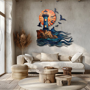 Lighthouse Seagull Ocean UV printed aluminum metal wall art for coastal beach house living room and patio decor 2