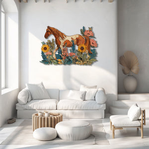 Floral horse metal wall art with wildflowers and rustic farmhouse styling 2