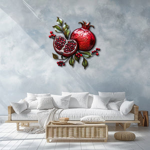 Pomegranate metal wall art with vibrant ruby-red fruit and botanical leaves for Mediterranean kitchen decor 2