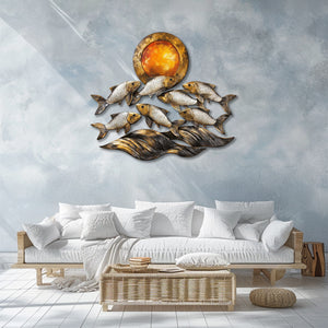 Silver fish metal wall art with ocean waves and sunset coastal aluminum wall decor 2