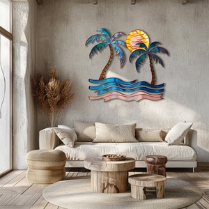 Palm trees sunset metal wall art with tropical palm trees ocean waves and golden sun coastal beach aluminum wall decor 2