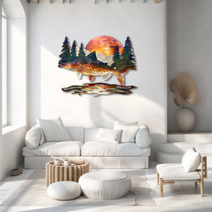 Brown trout fish metal wall art with leaping trout wild salmon mountain sunset rustic cabin pine trees wilderness lodge aluminum wall decor 2