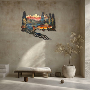 Brown trout metal wall art with swimming trout fish mountain peaks pine forest lake house cabin aluminum wall decor 3