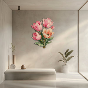 Pink tulip blossom metal wall art with elegant pastel floral design mounted on wall 3