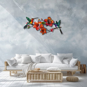 Hummingbird Flower UV printed aluminum metal wall art for tropical living room and patio decor 4