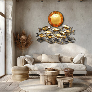 Golden fish metal wall art with ocean waves and sun coastal aluminum wall decor 3