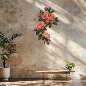 Pink peony branch metal wall art with elegant floral botanical design mounted on textured wall 3