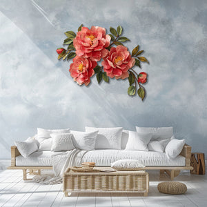 Pink peony blossom metal wall art with elegant floral branch design mounted on textured wall 3