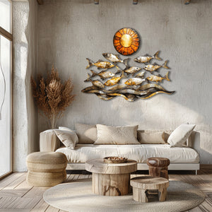 Golden coastal fish metal wall art with ocean waves and sunset nautical aluminum wall decor 3