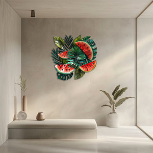 Tropical watermelon metal wall art with lush botanical leaves for summer kitchen decor 3