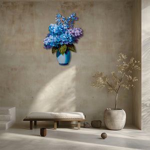 Blue hydrangea bouquet metal wall art with floral vase arrangement 3
