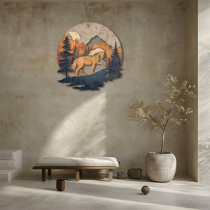Mountain horse metal wall art with pine forest and rustic wilderness scenery 3