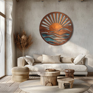 Rustic Ocean Sunrise UV printed aluminum metal wall art for coastal beach house living room and patio decor 4