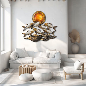 Silver fish metal wall art with ocean waves and sunset coastal aluminum wall decor 3