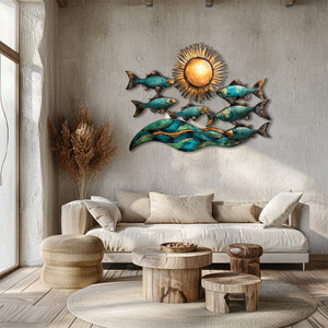 Ocean fish metal wall art with turquoise fish ocean waves and golden sun coastal beach aluminum wall decor 3