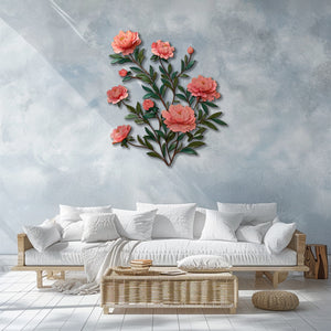 Soft pink peony metal wall art with elegant botanical floral branches mounted on textured wall 3