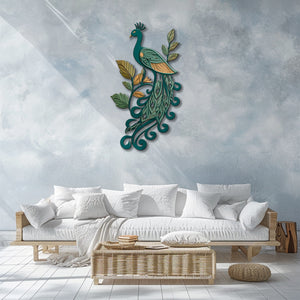 Teal Peacock UV printed aluminum metal wall art for botanical patio garden and living room decor 3