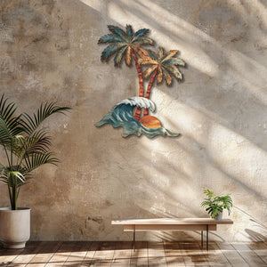 Tropical palm wave metal wall art with ocean waves and sunset coastal design mounted on wall 3